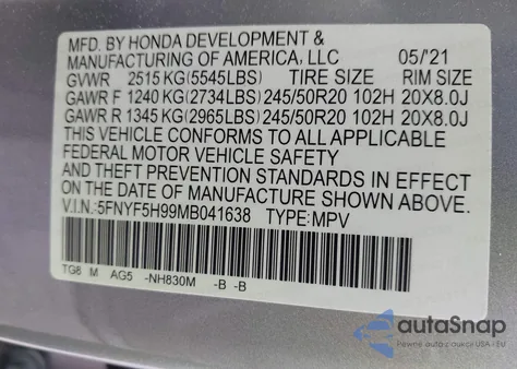 2021 Honda Pilot 2Wd Touring 8 Passenger z USA, uszkodzony, nr VIN 5FNYF5H99MB041638